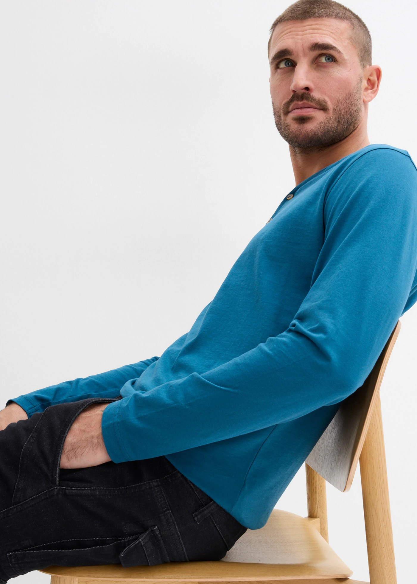 Hosszú ujjú Henley póló (2 db-os csomag), tiszta bio-pamutból • olajkék+szürke melírozott • bonprix áruház