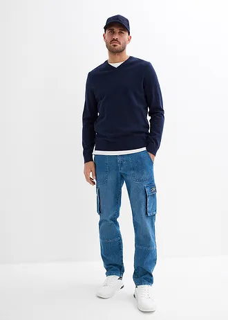 Blugi cargo stretch Relaxed Fit, straight, culoare: albastru mediu denim