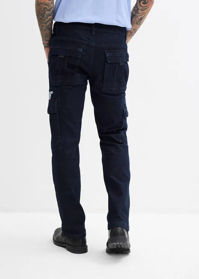 Relaxed fit stretch jeans met comfortband, straight, Kleur: donkerblauw denim
