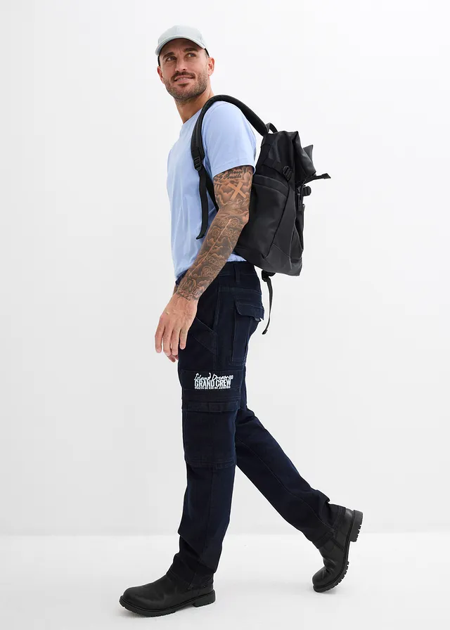 Jean cargo extensible loose taille élastiquée, droit • bleu foncé denim • product-page.page-title-suffix