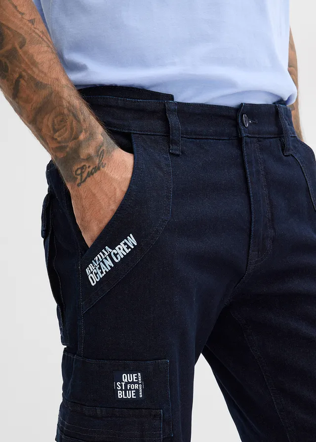 Jean cargo extensible loose taille élastiquée, droit • bleu foncé denim • product-page.page-title-suffix
