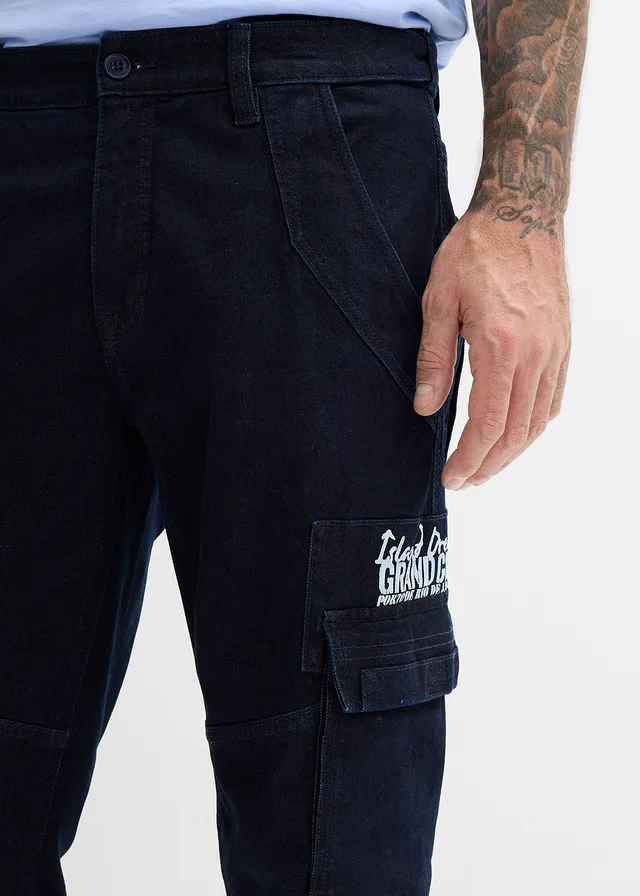 Jean cargo extensible loose taille élastiquée, droit • bleu foncé denim • product-page.page-title-suffix