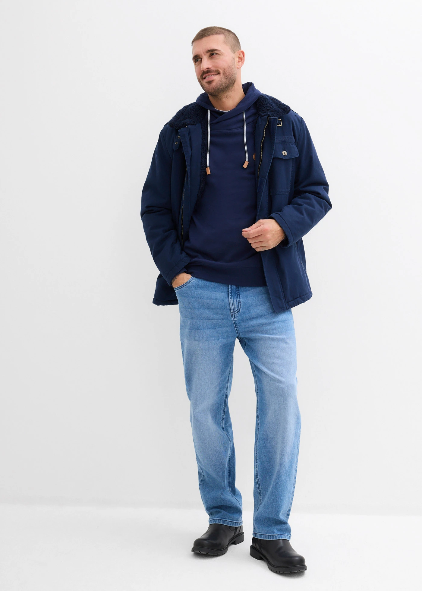 Sweater met sjaalkraag van puur biologisch katoen • donkerblauw • bonprix online shop