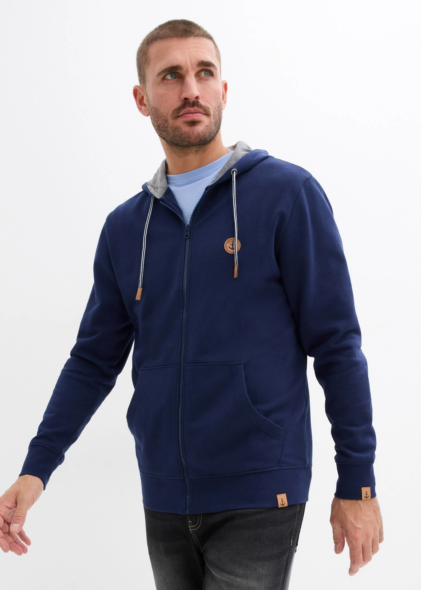 Sweat zippé à capuche • bleu foncé + gris chiné • Boutique bonprix