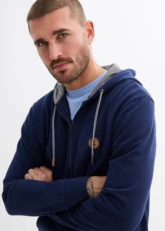 Sweatvest met capuchon van puur biologisch katoen • donkerblauw + grijs gemêleerd • bonprix online shop