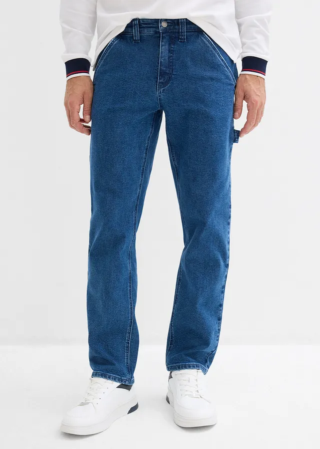Relaxed fit carpenter jeans met elastische tailleband, straight, Kleur: blauw denim used