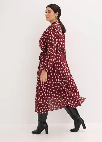 Chiffonjurk met contrasterende details, Kleur: robijnrood-lichtzand gestippeld