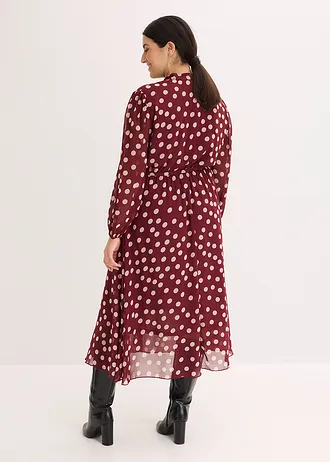 Chiffonjurk met contrasterende details, Kleur: robijnrood-lichtzand gestippeld