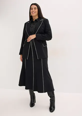 Jupe longue et extensible en bengaline, Couleur: noir-écru