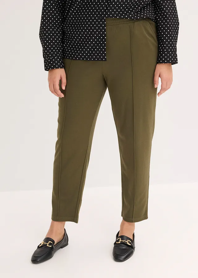 Jersey instapbroek met bies, Kleur: donkerolijfgroen
