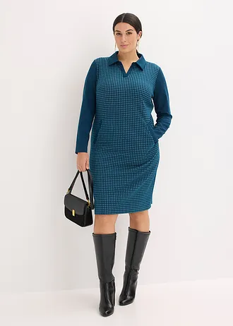 Jacquard jurk met contrasterende kraag, Kleur: blauwpetrol-parelwit geruit