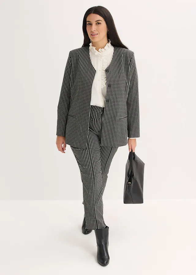 Blazer en bengaline extensible, Couleur: noir-écru carreaux