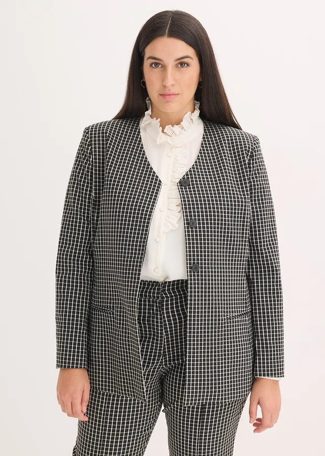 Stretch blazer van bengaline, Kleur: zwart-wolwit geruit