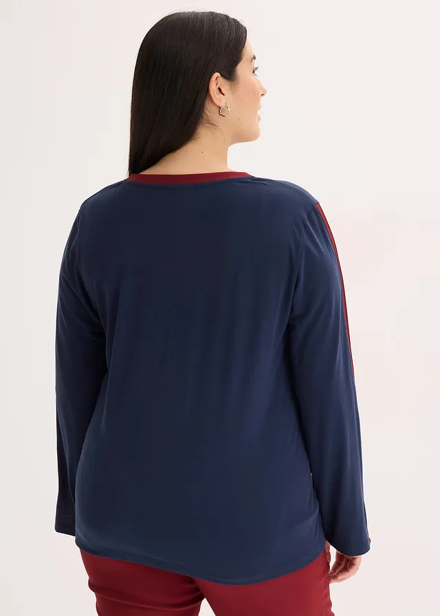 Longsleeve met split, Kleur: donkerblauw-robijnrood