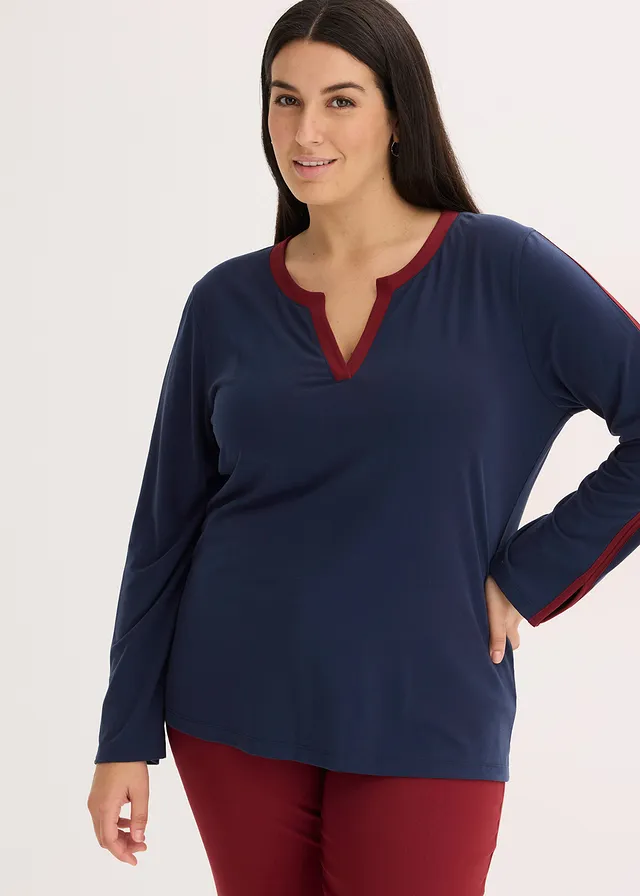 T-shirt à manches longues fendues, Couleur: bleu foncé-rouge rubis