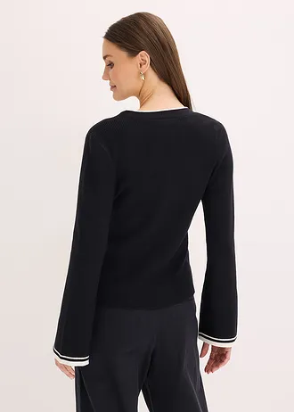 Jachetă tricotată din material ripsat cu viscoză • negru cu ecru • magazin bonprix