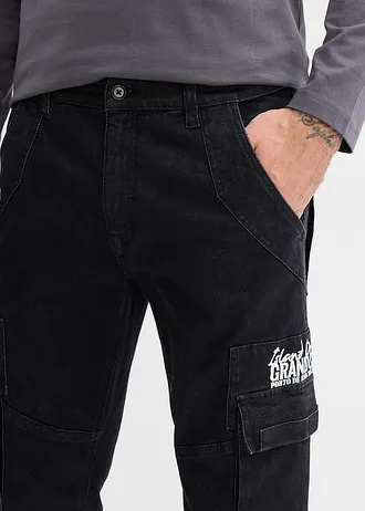 Relaxed Fit cargo sztreccsfarmer kényelmes derékpánttal, Straight • fekete denim • bonprix áruház