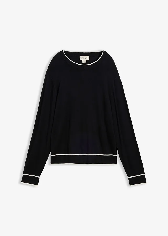 Pulover din tricotaj fin din mix de viscoză • negru/ecru • magazin bonprix