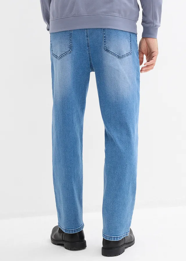 Jean loose, droit et extensible, Couleur: bleu moyen denim