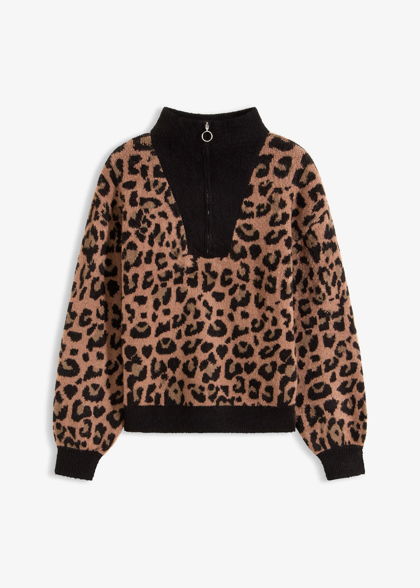 Svetr s límečkem na zip • černo-hnědá s leopardím potiskem • bonprix obchod