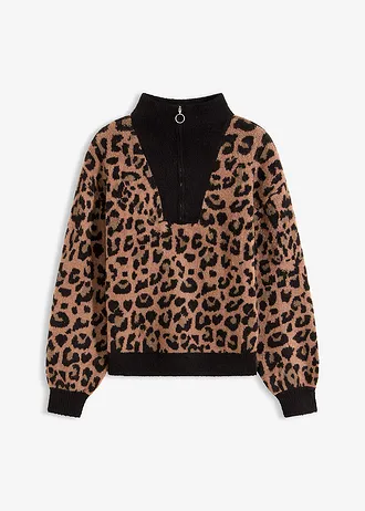 Svetr s límečkem na zip • černo-hnědá s leopardím potiskem • bonprix obchod