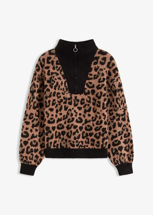 Pulóver s golierom na zapínanie • čierna-hnedá-leopard • obchod bonprix