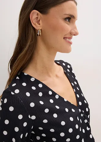 Bluză cu mânecă lungă din jerse texturat • negru/alb punctat • magazin bonprix