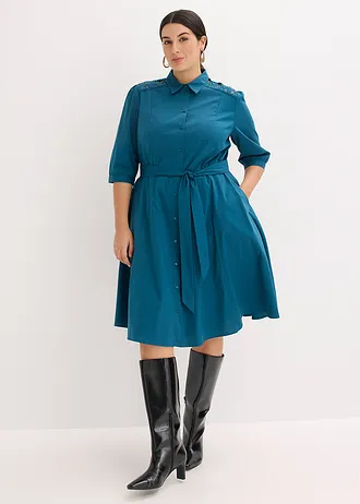 Overhemdjurk met kant en strikceintuur, Kleur: blauwpetrol