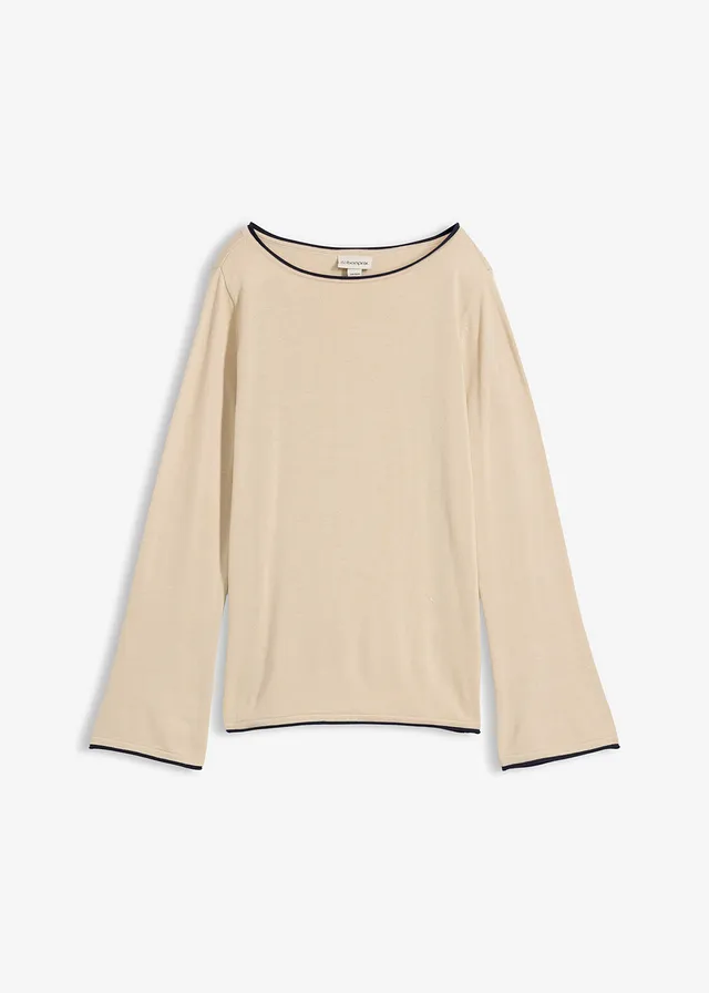 Pulover din tricotaj fin din mix de bumbac • bej nisipiu mat-bleumarin • magazin bonprix