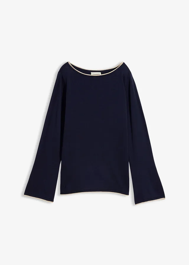 Pull en fine maille de coton mélangé, Couleur: bleu foncé-sable clair