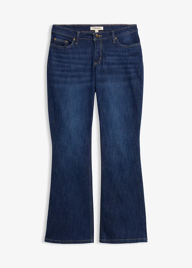 Flared farmer, Mid Waist • sötétkék denim, használt hatású • bonprix áruház