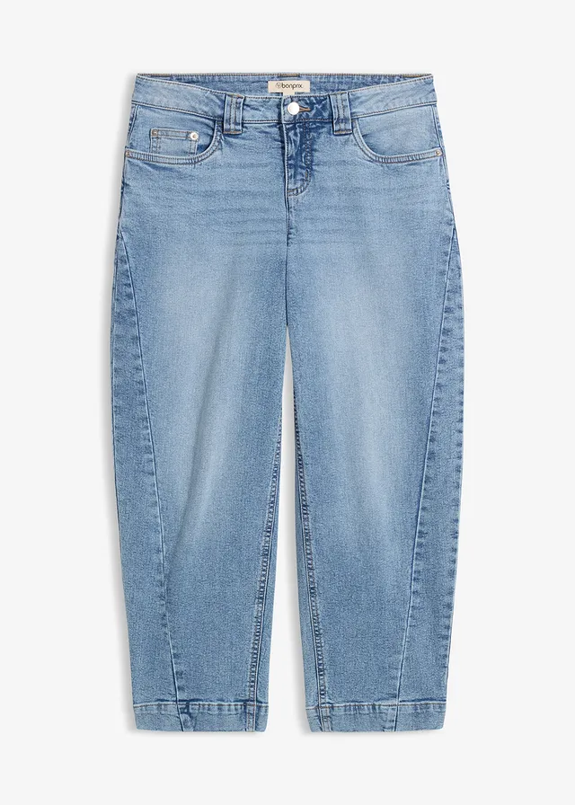 Jeansy o kroju barrel, średni stan, cropped, kolor: jasnoniebieski denim