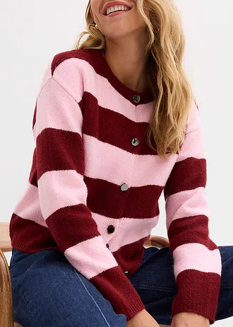 Gilet court en fine maille • rose cristal/rouge rubis rayé • Boutique bonprix