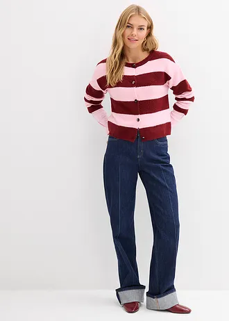 Cienki sweter w paski, kolor: jasnoróżowy kryształowy-czerwony rubinowy w poziome pasy