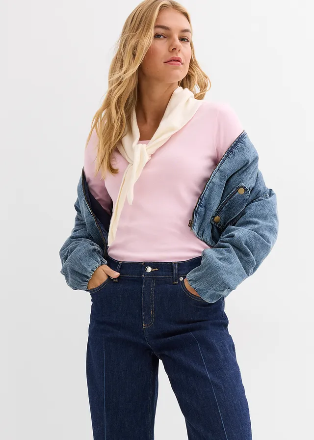 Bluzka z długim rękawem z czystej bawełny organicznej średni niebieski denim "used"