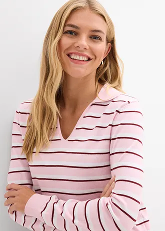 Sweter z kołnierzykiem polo z mieszanki bawełny • biały/jasnoróżowy kryształowy/czerwony rubinowy w paski • sklep bonprix