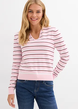 Pull à col polo, Couleur: blanc/rose cristal/rouge rubis rayé