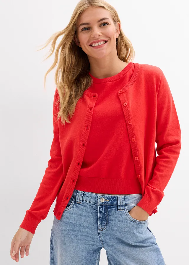 Fijngebreid vest, Kleur: aardbeirood