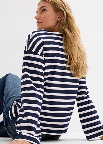 Bluză cu mâneci lungi din bumbac organic 100% • alb/roz-cristal/bleumarin cu dungi • magazin bonprix