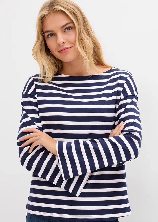 Longsleeve van puur biologisch katoen, Kleur: wit/donkerblauw/kristalroze gestreept