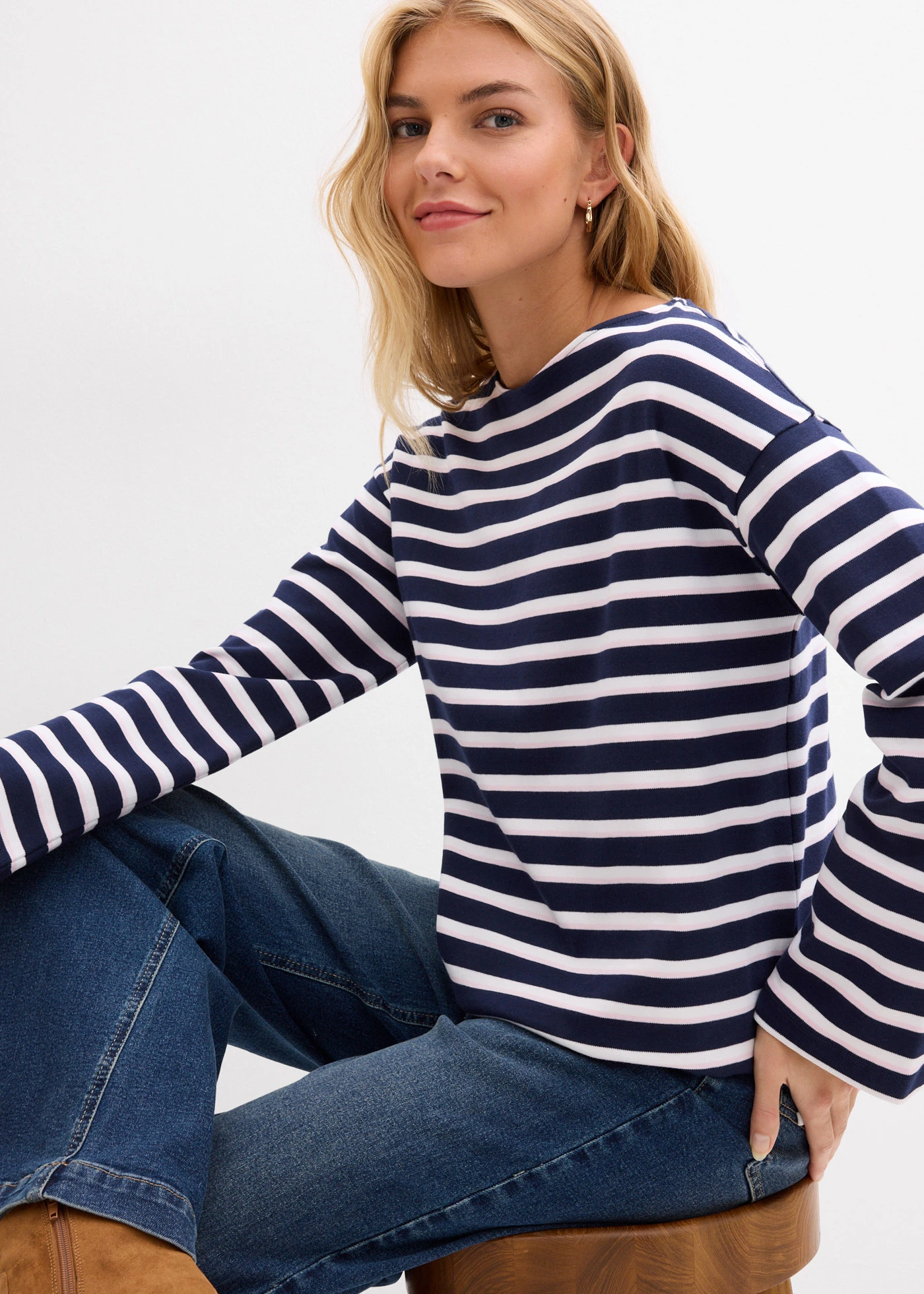 Bluză cu mâneci lungi din bumbac organic 100% • alb/roz-cristal/bleumarin cu dungi • magazin bonprix