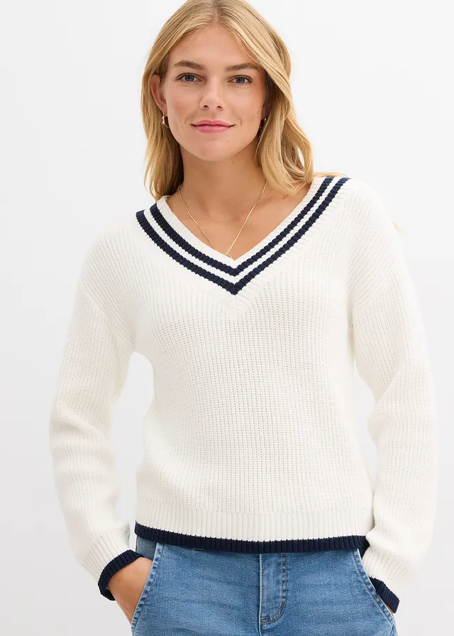 Trui in een viscosemix • wolwit-donkerblauw • product-page.page-title-suffix