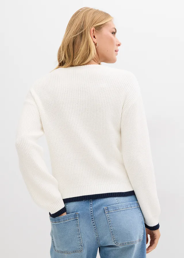 Trui in een viscosemix, Kleur: wolwit-donkerblauw