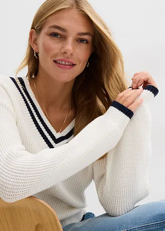 Pulover din amestec de viscoză • ecru/bleumarin • magazin bonprix