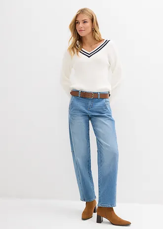 Pulover din amestec de viscoză, culoare: ecru/bleumarin