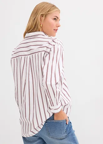 Lange overhemdblouse, Kleur: wit-robijnrood gestreept