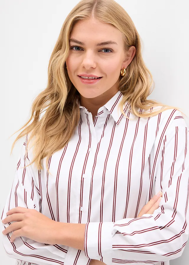 Lange overhemdblouse • wit-robijnrood gestreept • product-page.page-title-suffix