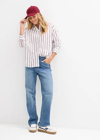 Lange overhemdblouse, Kleur: wit-robijnrood gestreept