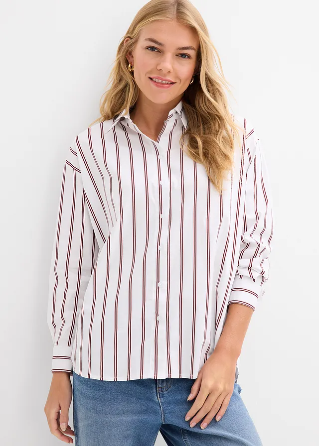 Lange overhemdblouse, Kleur: wit-robijnrood gestreept