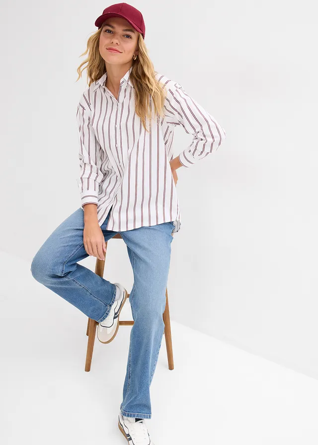 Lange overhemdblouse • wit-robijnrood gestreept • product-page.page-title-suffix